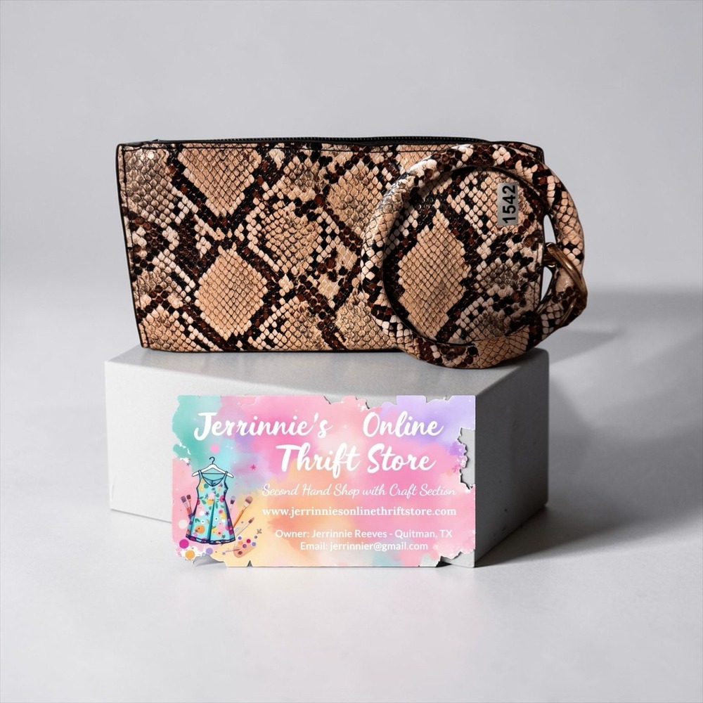 Brown Snakeskin Print Bangle Wristlet Clutch Zip‎ Pouch Gold Tone Hardware